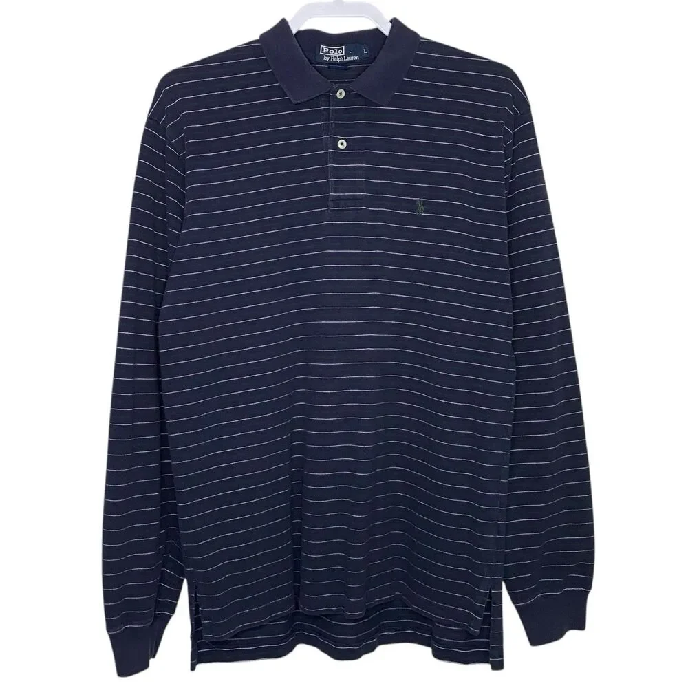 Vtg Ralph Lauren Polo Shirt Mens L Navy Blue Striped Preppy Long Sleeve Y2K Pony